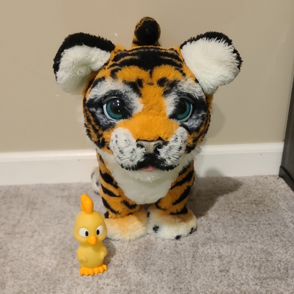 Striped Tiger Plush with Yellow Duckling